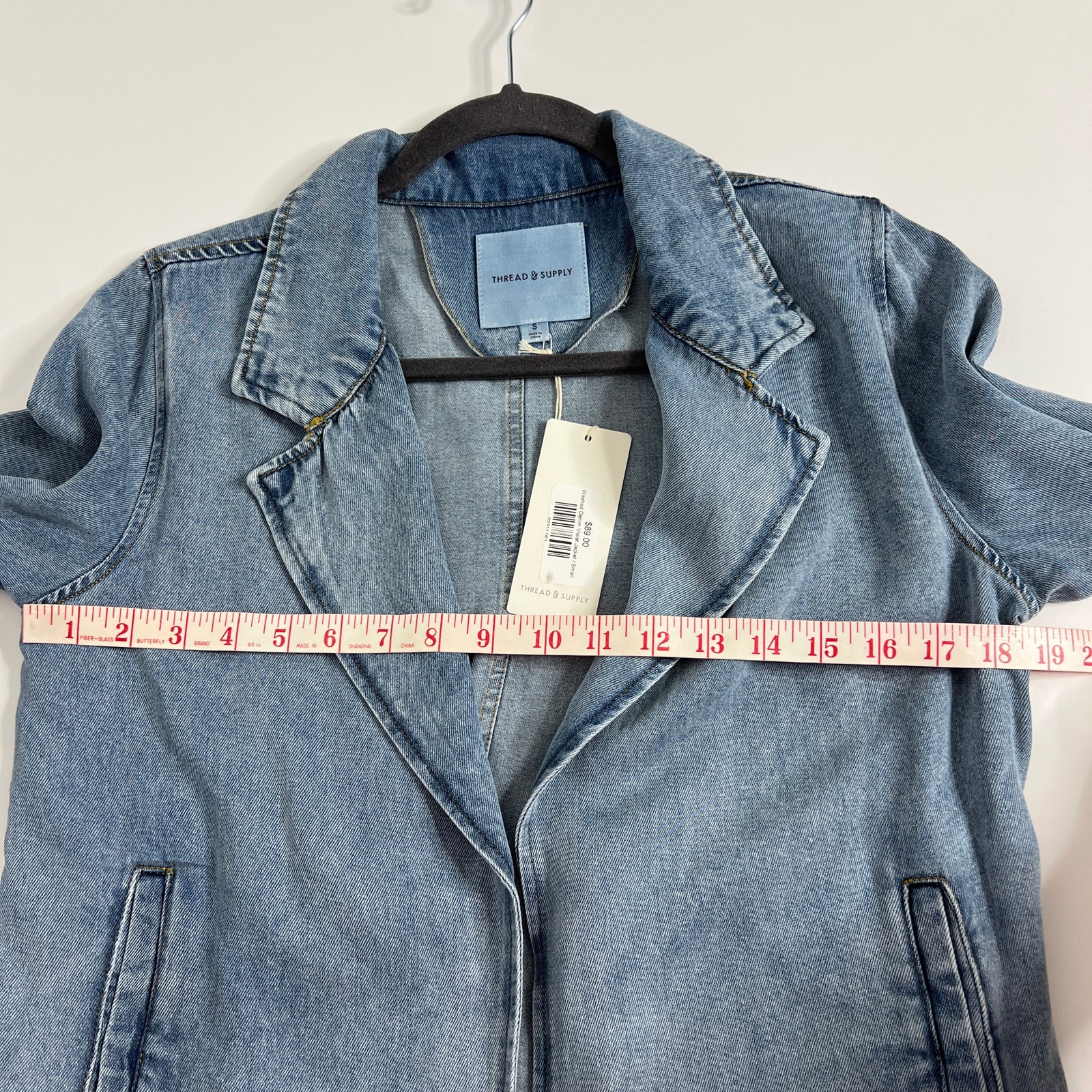 Thread & Supply Denim Blazer Jean Jacket Small Blue Open Front Lightweight — image 5 of 8
